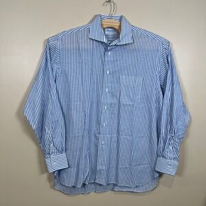 Ben Silver Fine Shirting Dress Shirt Mens 17-36 Blue Striped Cotton Linen USA